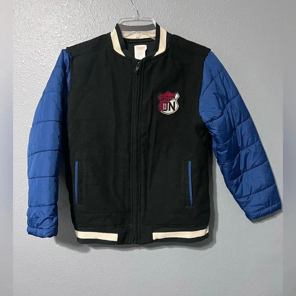 Gymboree Rock n Roll Collection Varsity Blue Black Zip Boys Warm Coat L (10-12)
